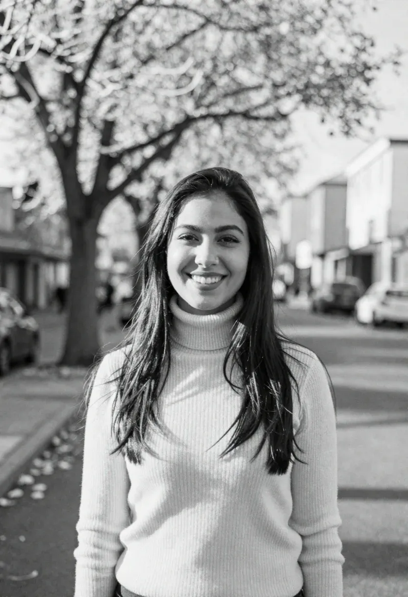 Smiling Woman With Long Dark Hair Stands The Foreground Wearing