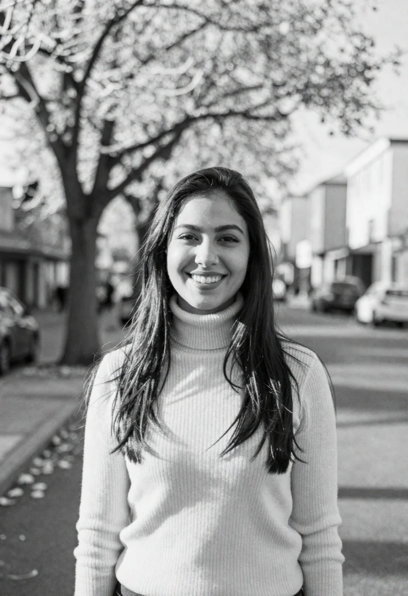Smiling Woman With Long Dark Hair Stands The Foreground Wearing reference photo