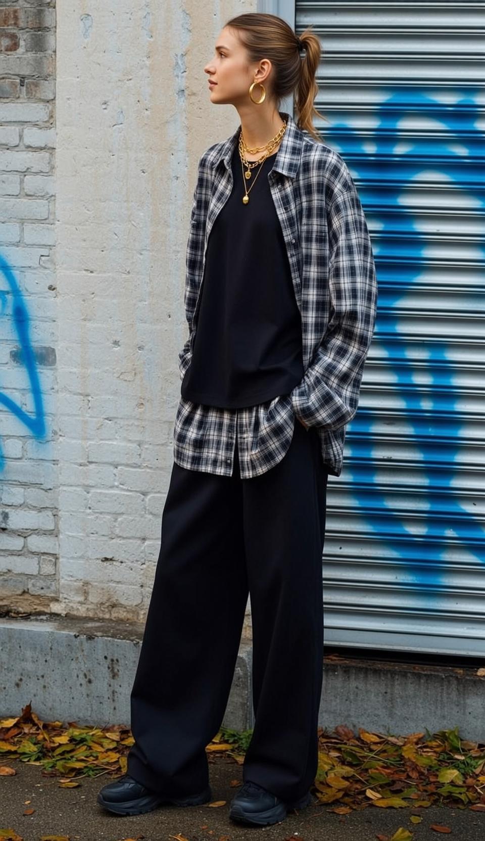 Black Shirt and Wide Leg Pants Street