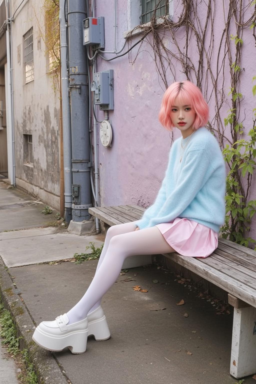 Pink Hair Bench Portrait