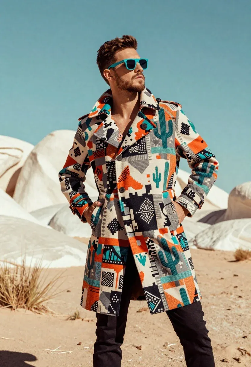 Cinematic Fashion Photography Shot Stylish Man Desert Landscape Wearing Bold