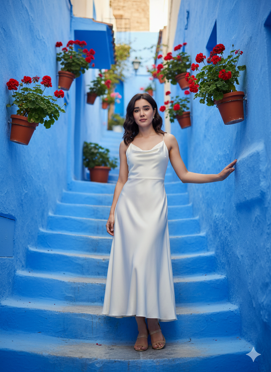 A full-body, ultra-realistic portrait of a person in an elegant summer dress, standing on blue stone stairs in a Mediterranean street with vibrant walls.