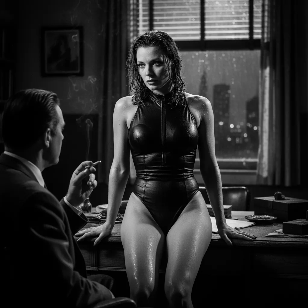 Film Noir Office Scene Woman In Bodysuit Vertical