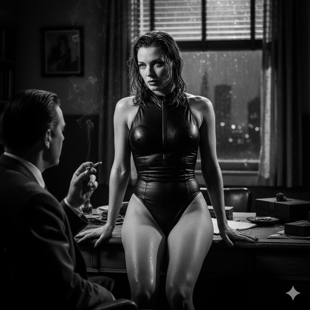 Film Noir Office Scene Woman In Bodysuit Vertical