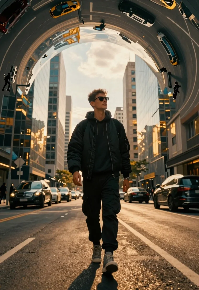 Young Man Walks Confidently Down City Street Surreal Warped Environment