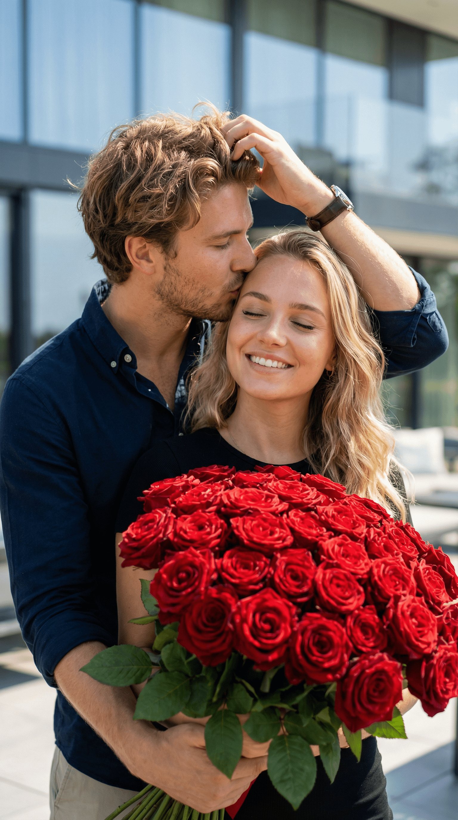 Realistic Couple Red Roses Building Background reference photo