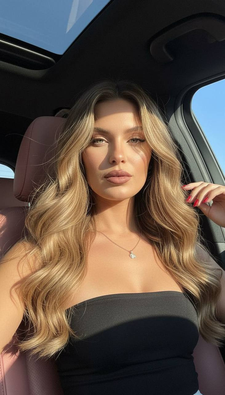 Beautiful woman in a car, sunlight illuminating her wavy hair and skin, wearing a tube top with a delicate silver necklace.