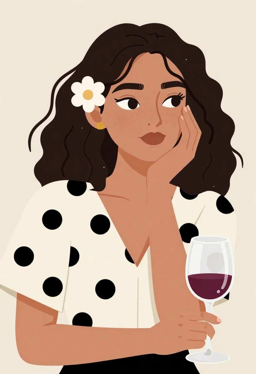 Stylized Illustration Woman With Dark Curly Hair And White Flower reference photo