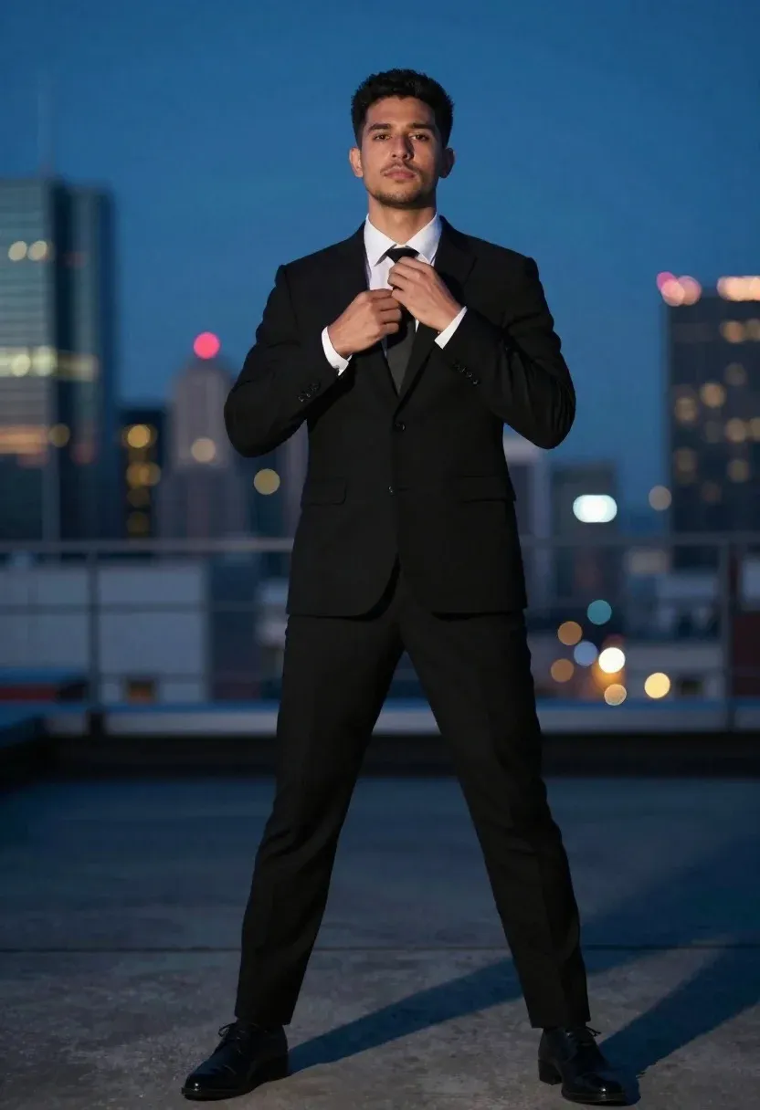 Confident Man Sharp Black Suit Stands With Legs Apart Rooftop