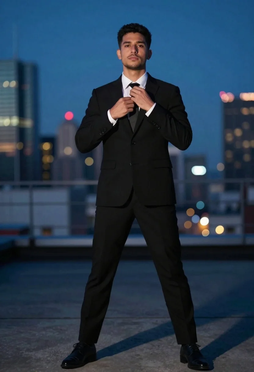 Confident Man Sharp Black Suit Stands With Legs Apart Rooftop