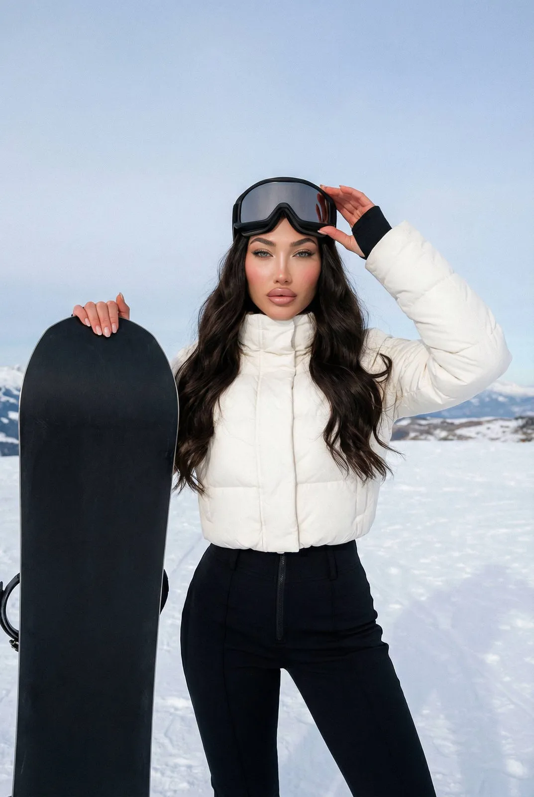 Snowy Mountain Woman Snowboard Portrait Realistic