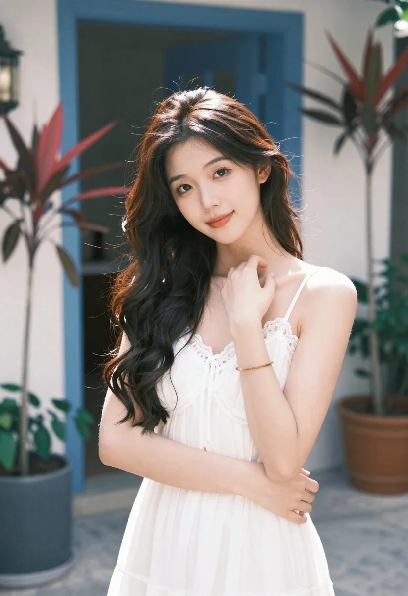 Young Woman With Long Dark Wavy Hair Stands Soft-focus Portrait reference photo