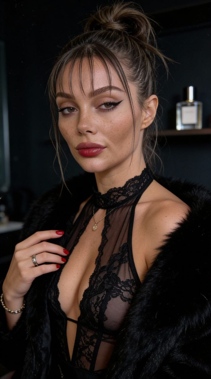 Close-up of a model with dramatic winged eyeliner, deep red lips, and styled hair in a high bun, wearing a transparent lace top and fur jacket.
