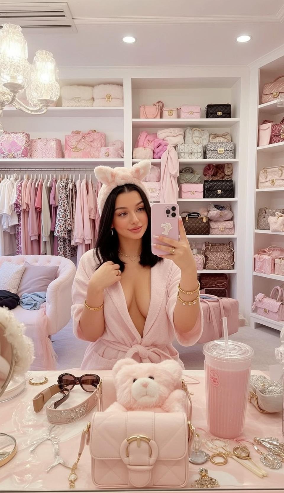 Barbiecore Taking Selfie Brightly Lit Meticulously Organized