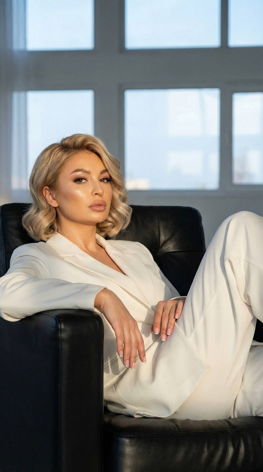 Woman in oversized white suit seated gracefully on a leather armchair, sunlight streaming through large windows, highlighting her naturally styled bob hairstyle.