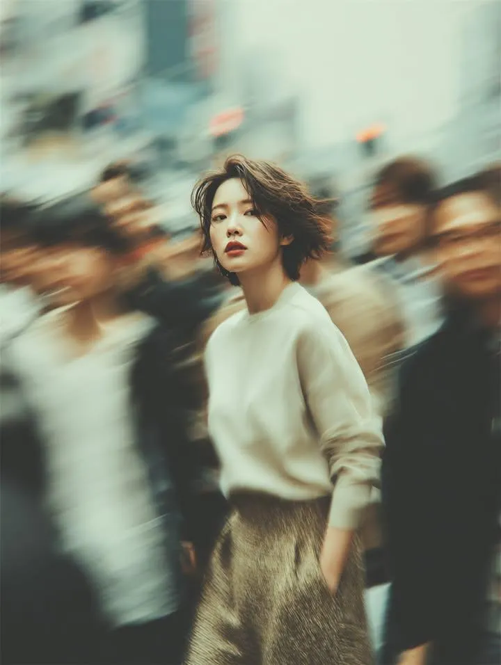 Cinematic Street Portrait Woman Motion Blur Urban Crowd