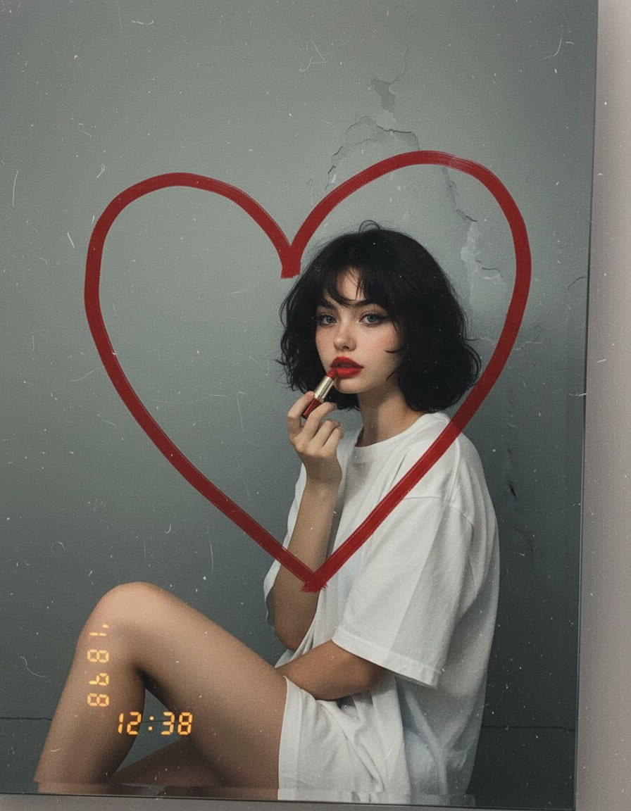 A person taking a retro-inspired mirror selfie, applying deep red lipstick, with a heart drawn on the mirror, creating a nostalgic atmosphere.