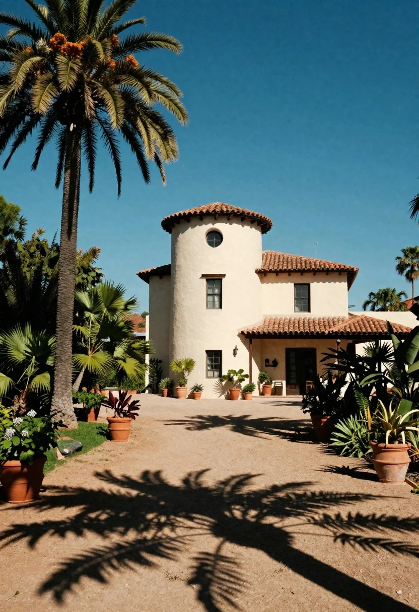 Sun-drenched Spanish Colonial Villa Nestled Lush Tropical Garden Under Deep