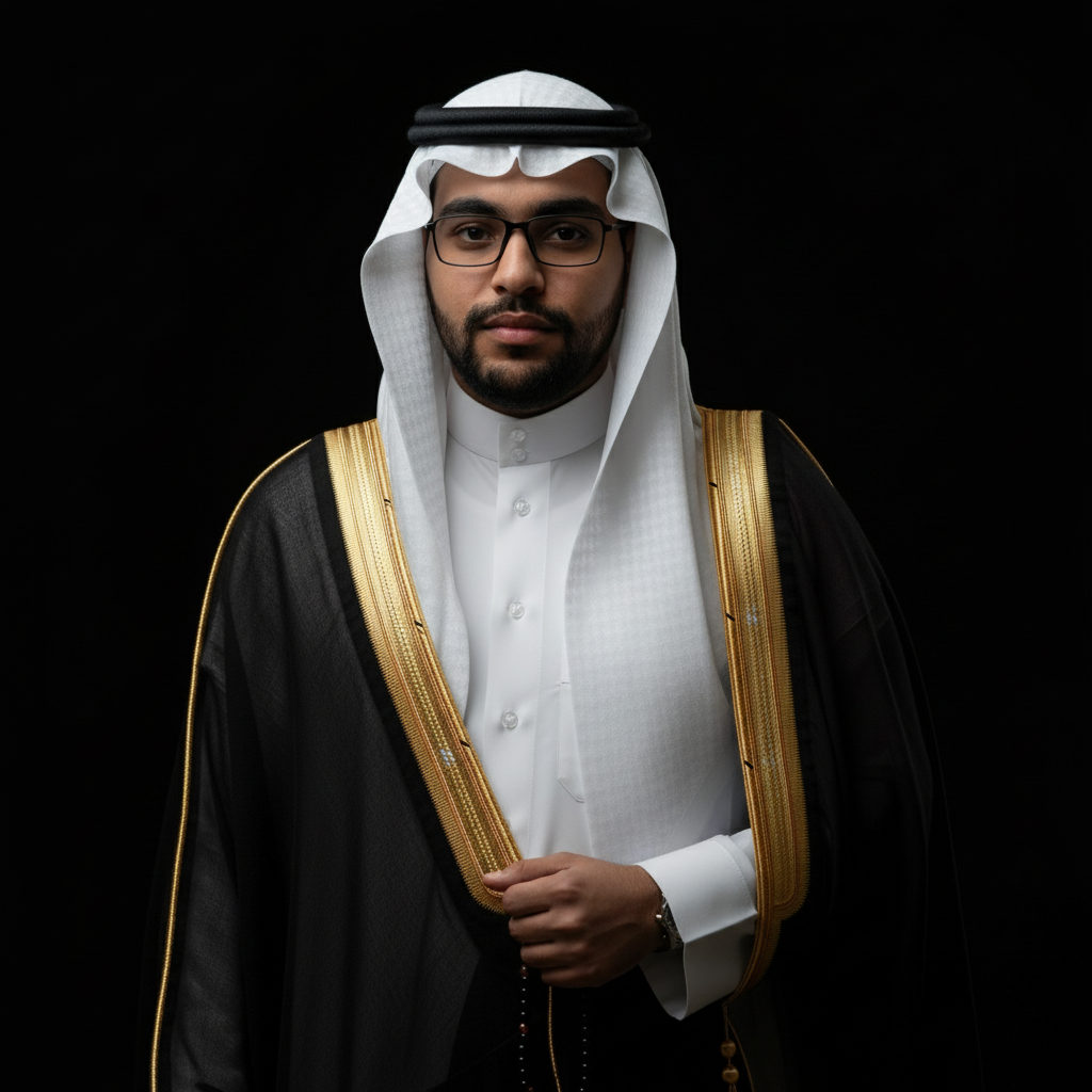 Portrait of a man in traditional Saudi attire wearing a thobe and ghutra, holding a misbaha, against a solid background with cinematic lighting.