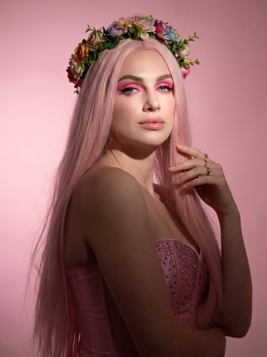 A woman with long pink hair and a flower crown in a pink gradient background, showcasing glamour and fantasy elements.