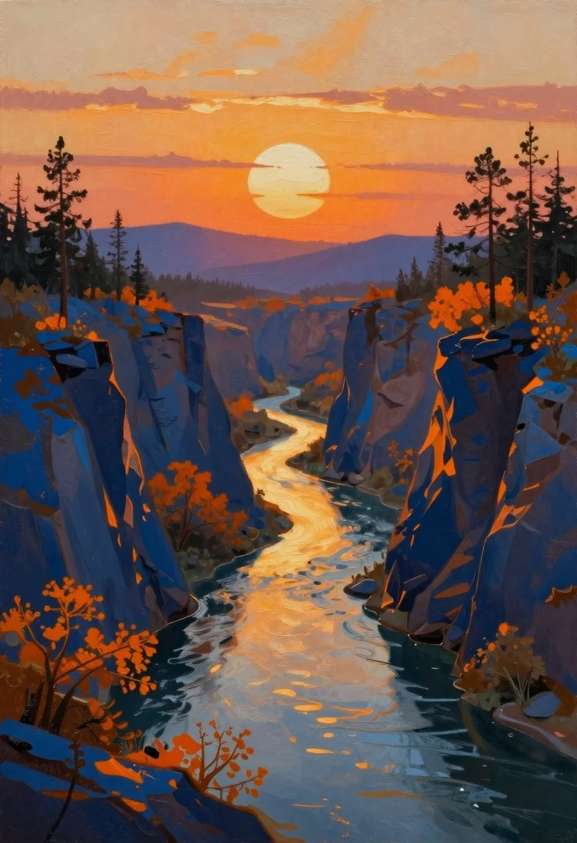 Oil Painting Landscape Serene River Canyon Sunset Environment Steep Blue reference photo