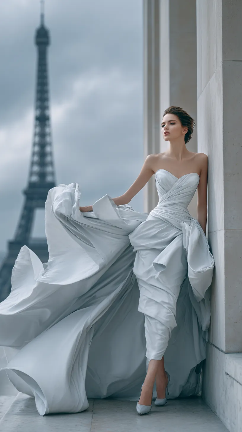 Eiffel Tower Light Blue Silk Gown Elegant Pose