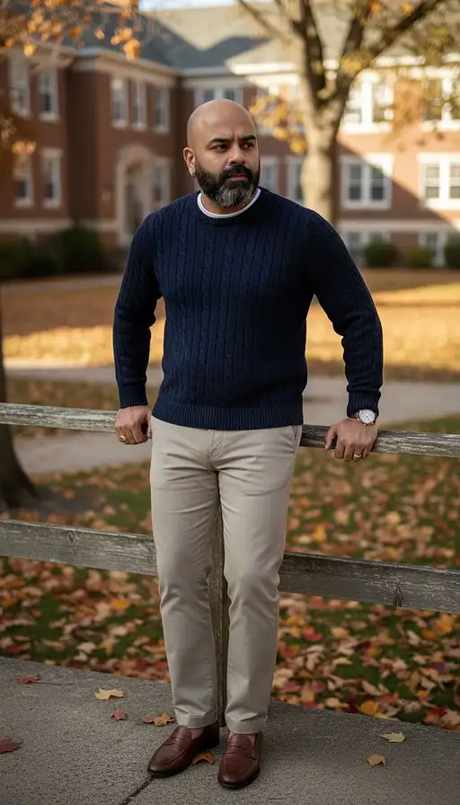 Subject Elegant Late-20s Man Clothing Navy Blue Cable-knit Cricket Sweater