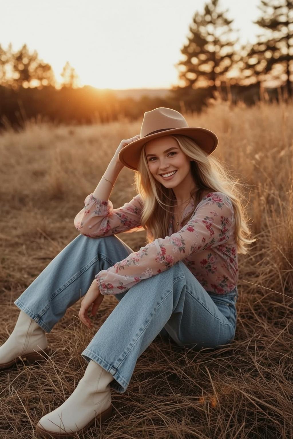 Floral Blouse Sunset Field Pose