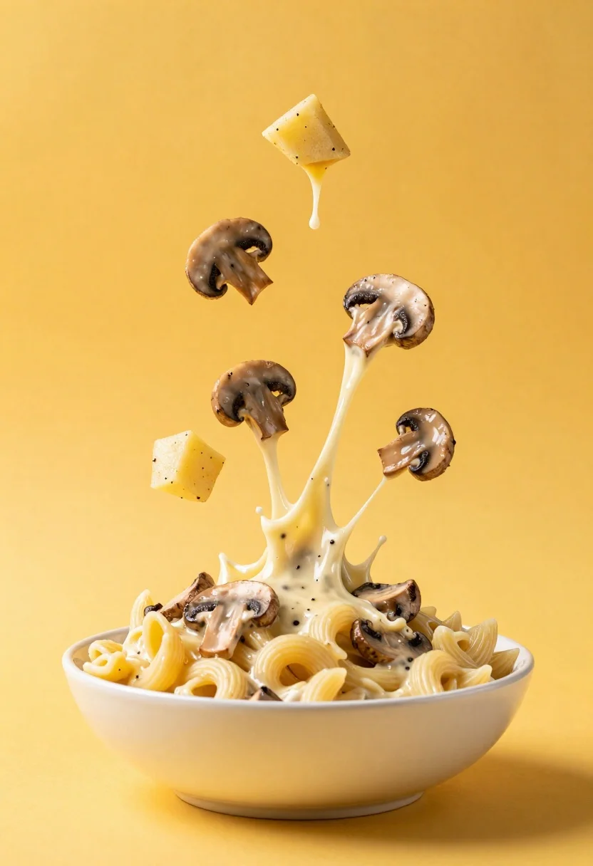 A dramatic explosion of creamy mushroom pasta erupting from a white bowl against a vibrant yellow background.