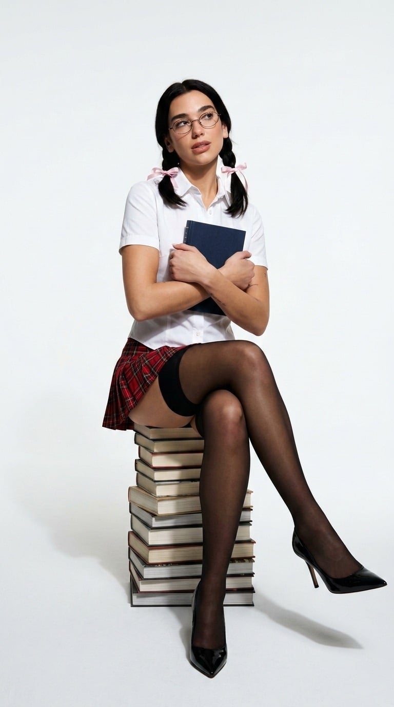 A girl in a white shirt and plaid mini-skirt sitting on a stack of books, styled with pigtails and round glasses.