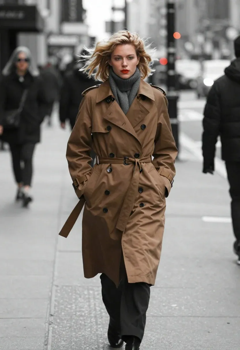 Woman Walks Briskly Down City Sidewalk With Her Hair Blowing