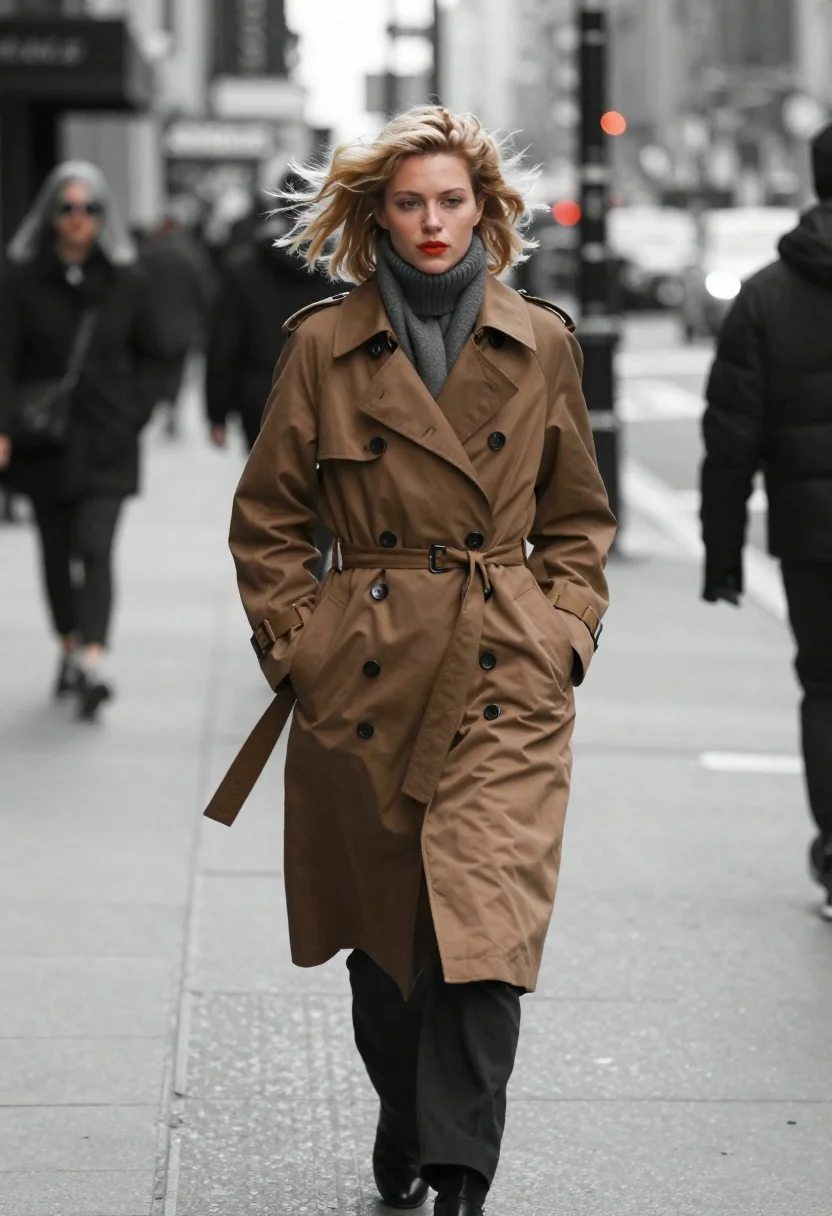 A woman walks briskly down a bustling city sidewalk, her brown coat vibrant against a blurred crowd.