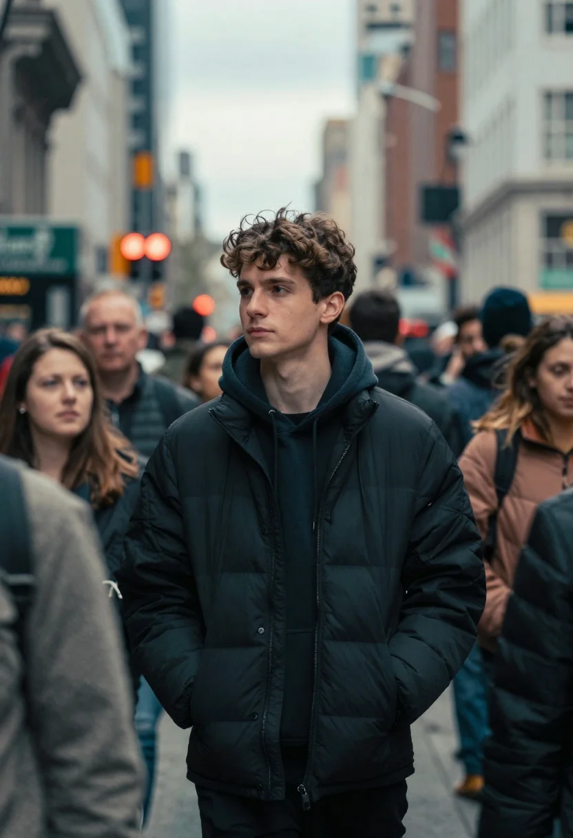 Young Man With Curly Brown Hair Stands Sharp Focus Amidst