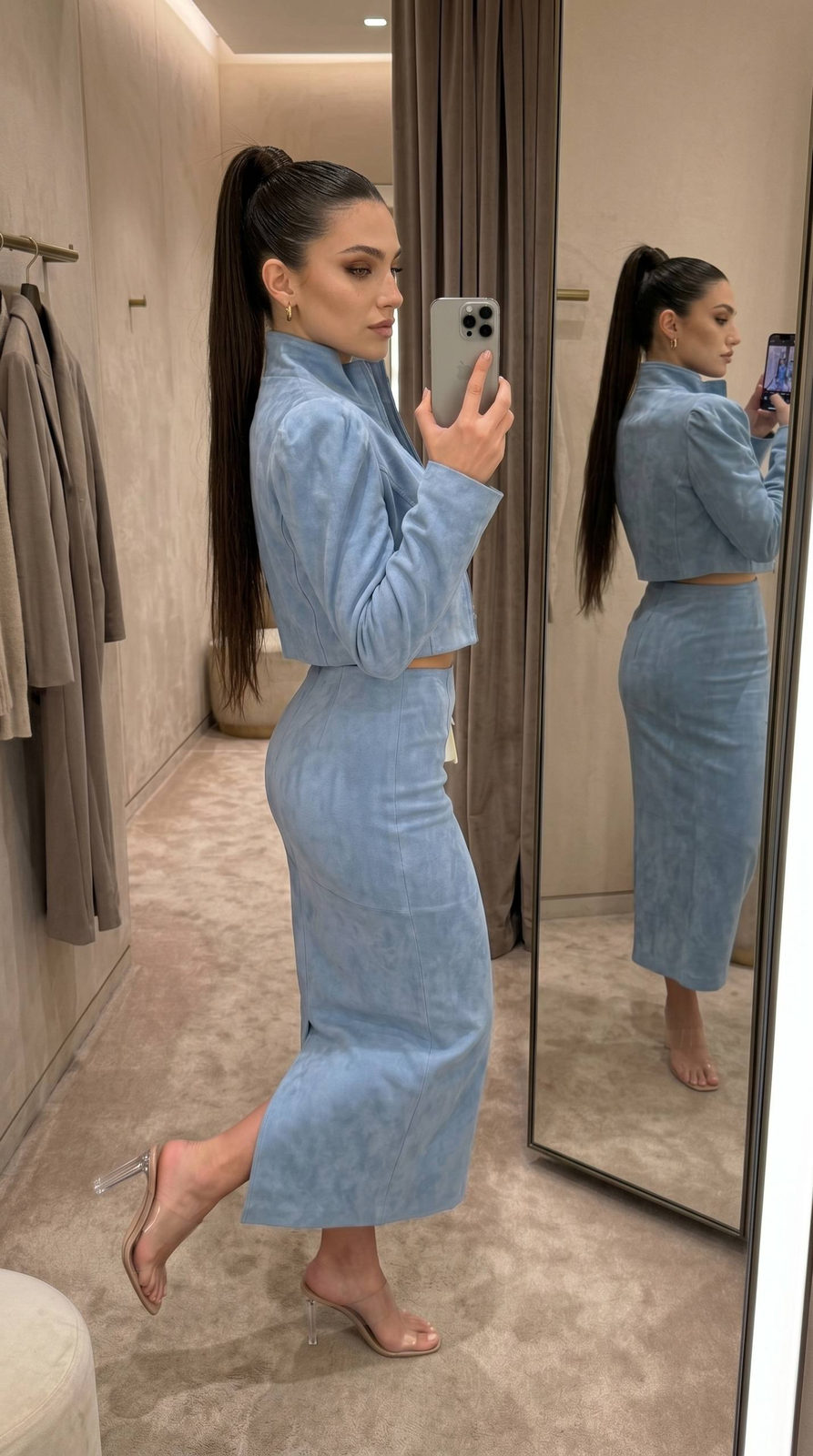 A woman in a fitting room taking a mirror selfie in a light blue suede outfit, showcasing her long ponytail and evening makeup.