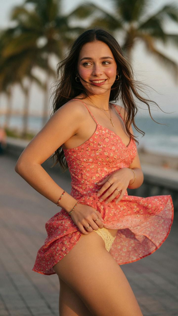 Coral Pink Spaghetti Strap Mini Dress Delicate On Paved Beach