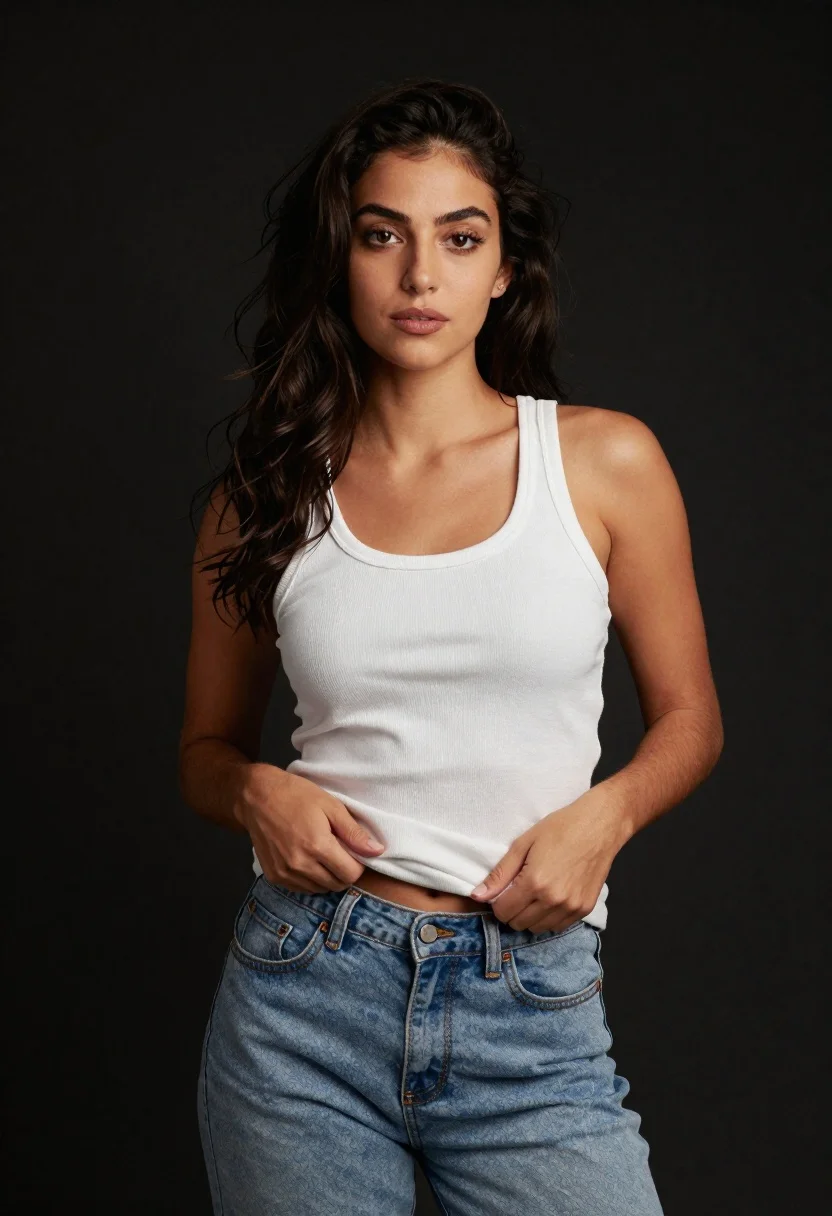 Confident Young Woman With Long Dark Wavy Hair Stands Against reference photo