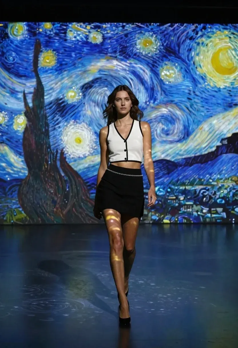 Woman Walks Confidently Toward The Camera Dark Immersive Art Gallery