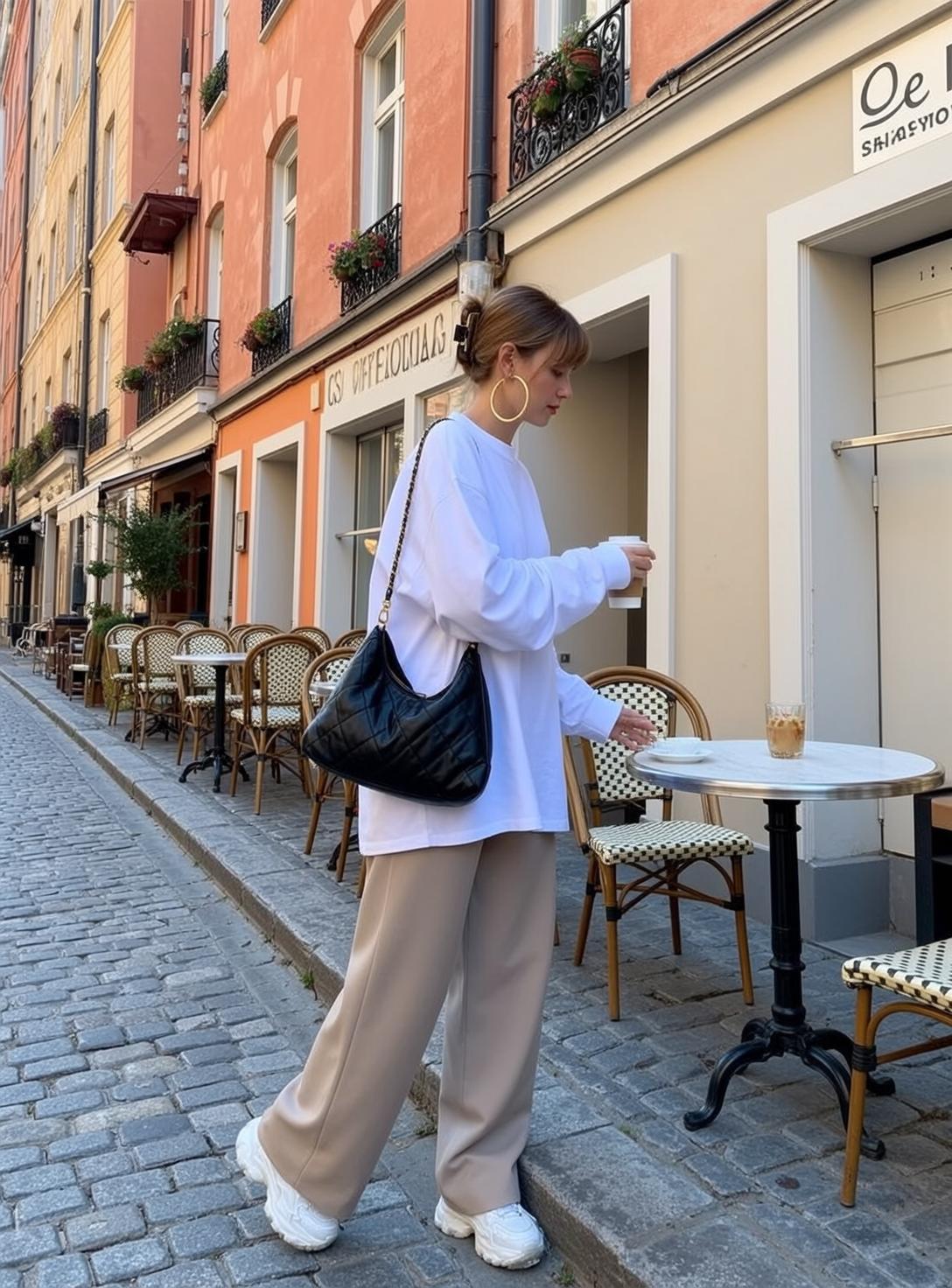 White Oversized Bun Hair City Street Standing