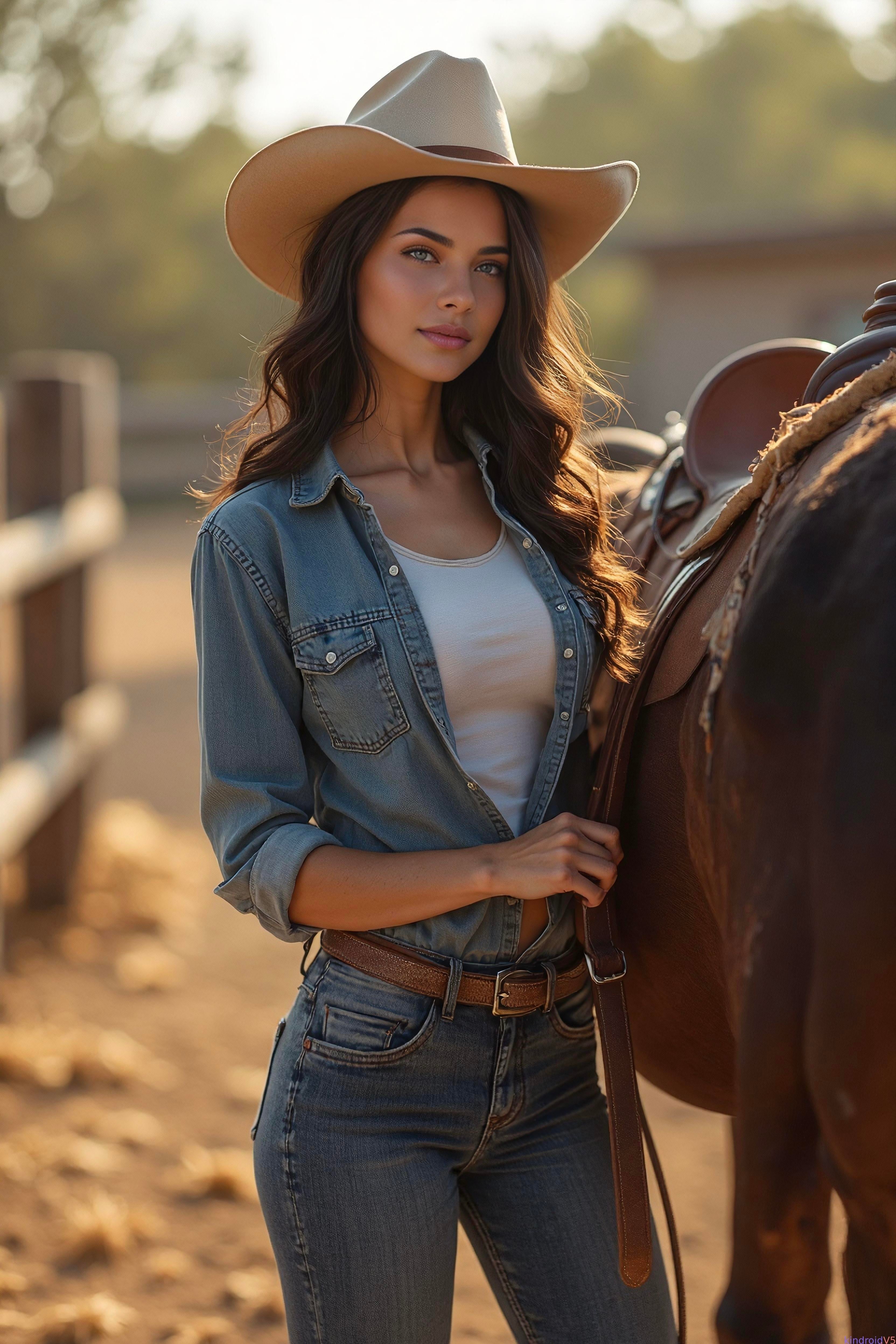 Cowboy Hat Denim Jeans Beside Brown Horse Golden Hour