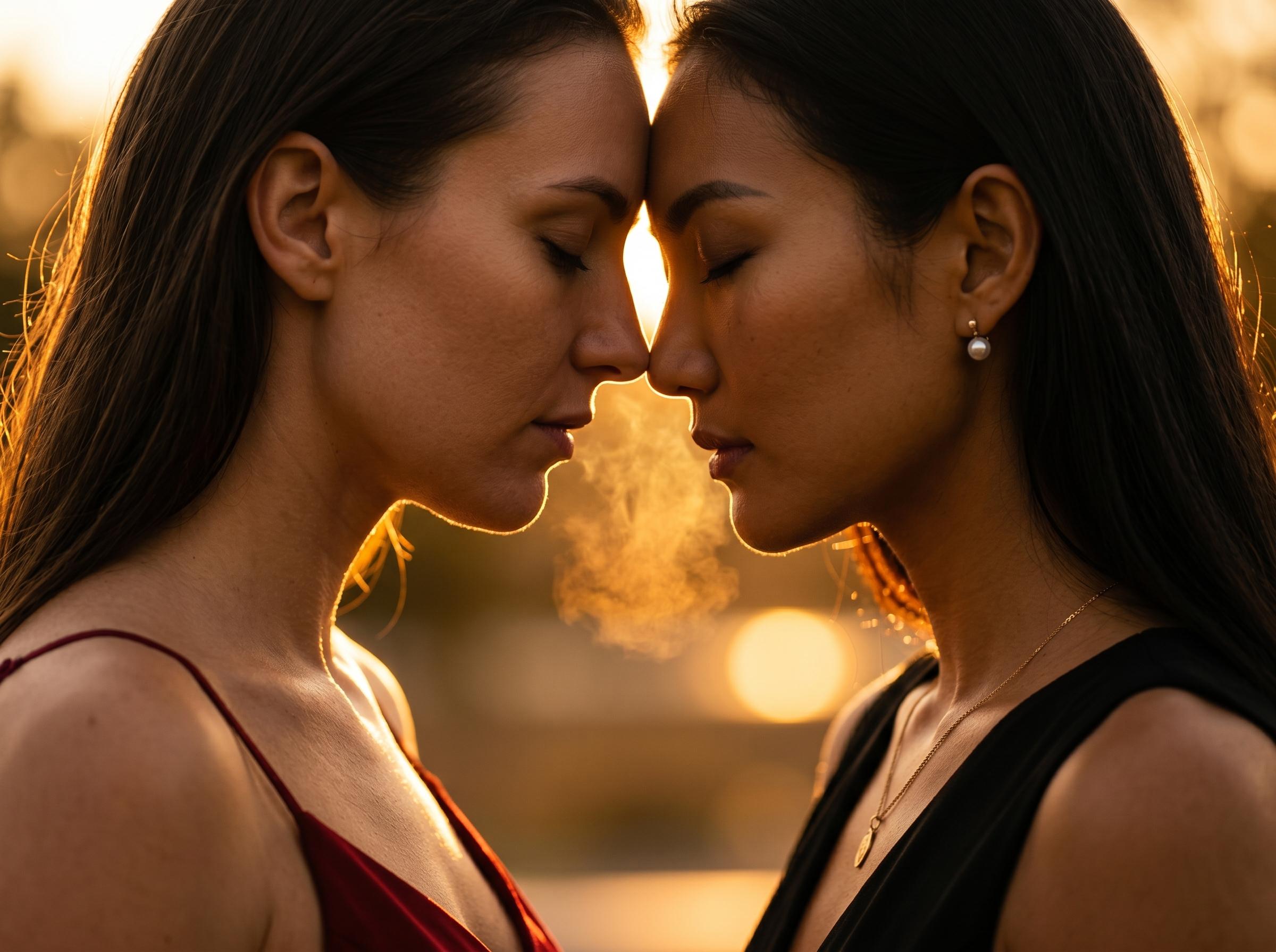Two Women Touching Foreheads Golden Hour Sunlight
