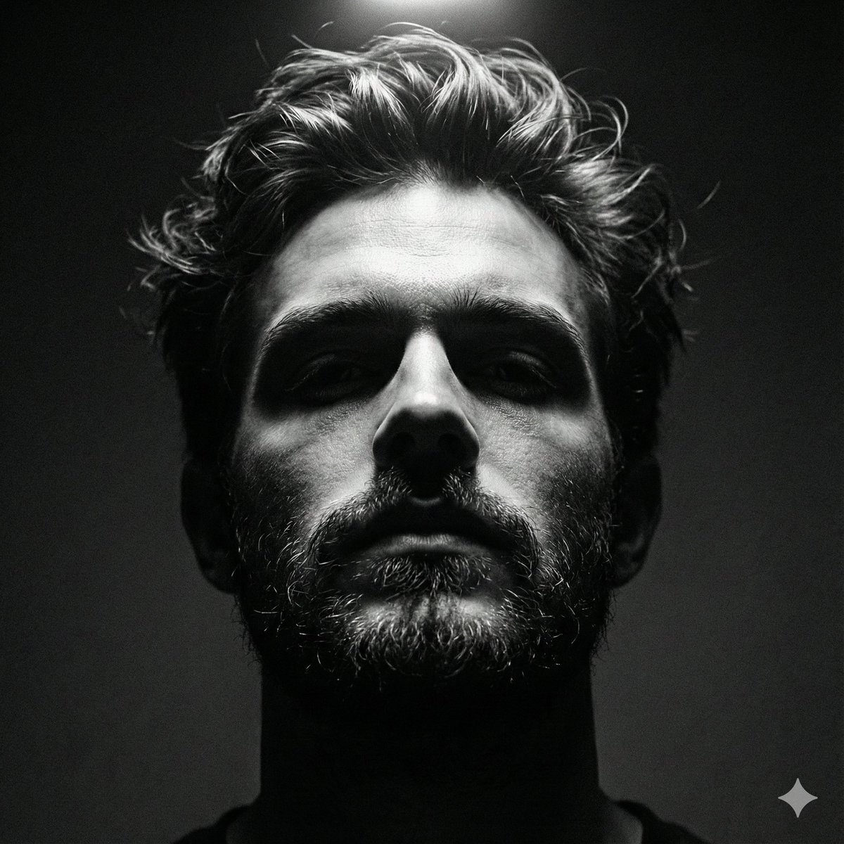Close-up portrait of a man with tousled hair and a rough beard, tilting his head upward under dramatic light, creating a mysterious silhouette.