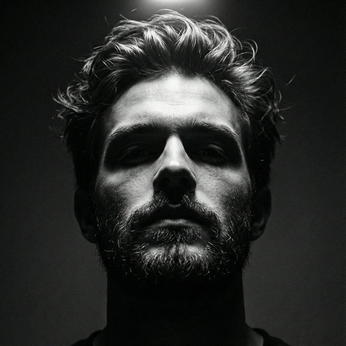 Close-up portrait of a man with tousled hair and a rough beard, tilting his head upward under dramatic light, creating a mysterious silhouette.