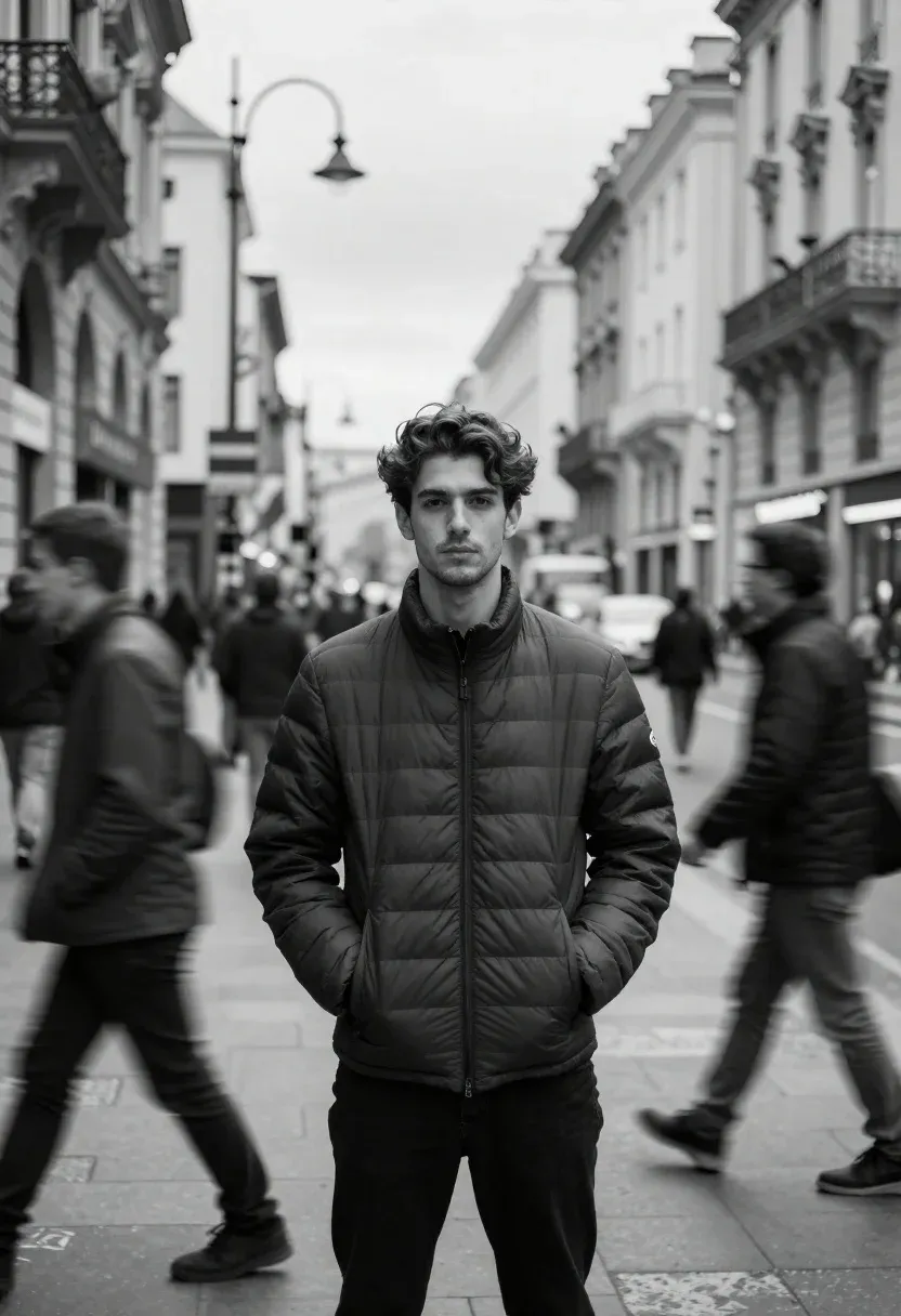 Black And White Portrait Young Man Standing Still The Middle