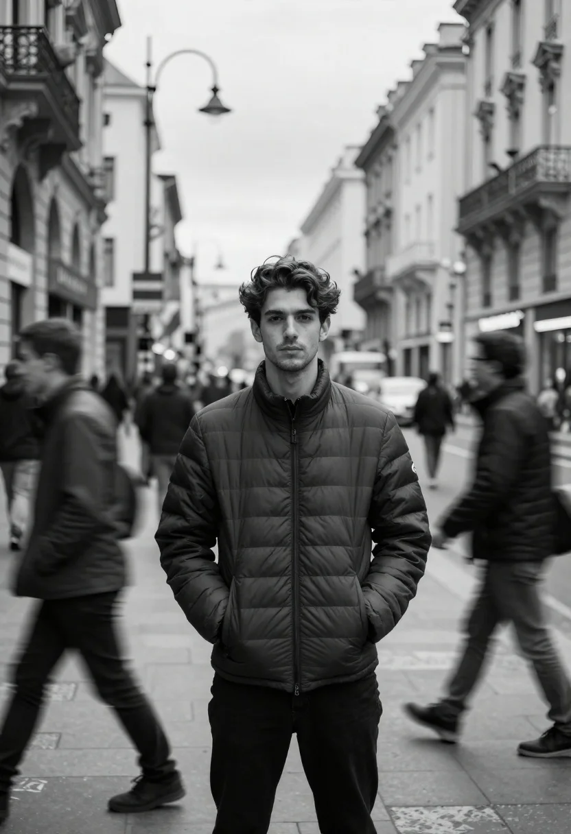 Black And White Portrait Young Man Standing Still The Middle