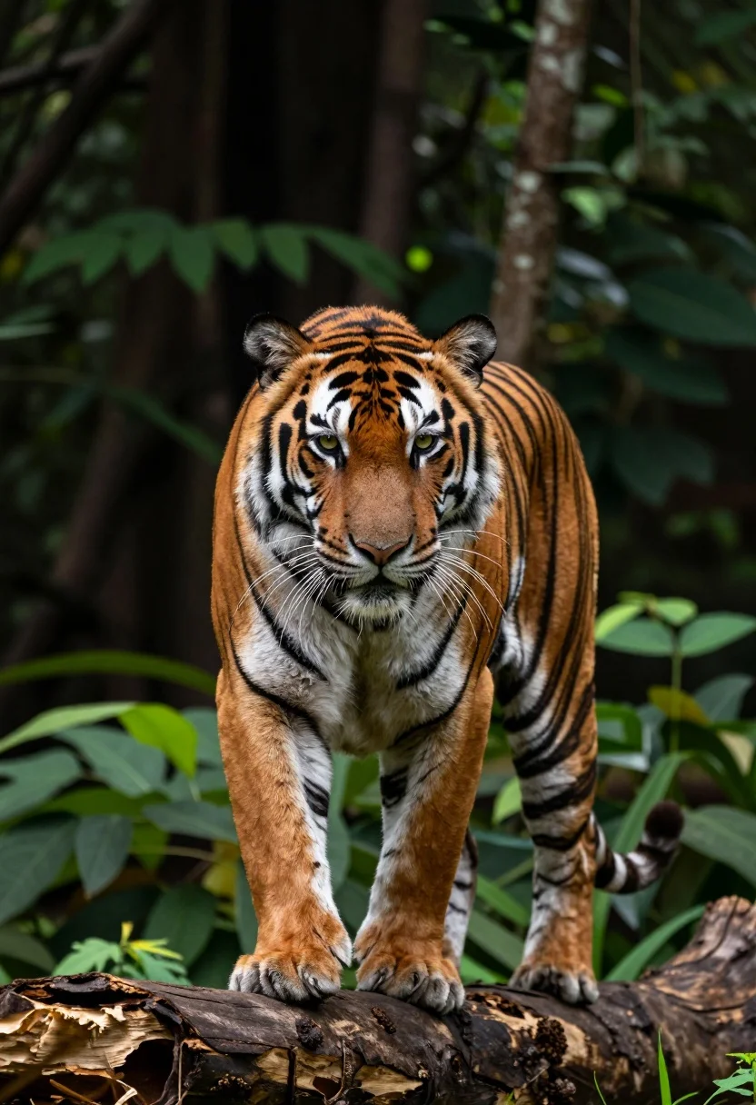 Majestic Tiger Stands Poised Weathered Log Dense Forest Subject Large