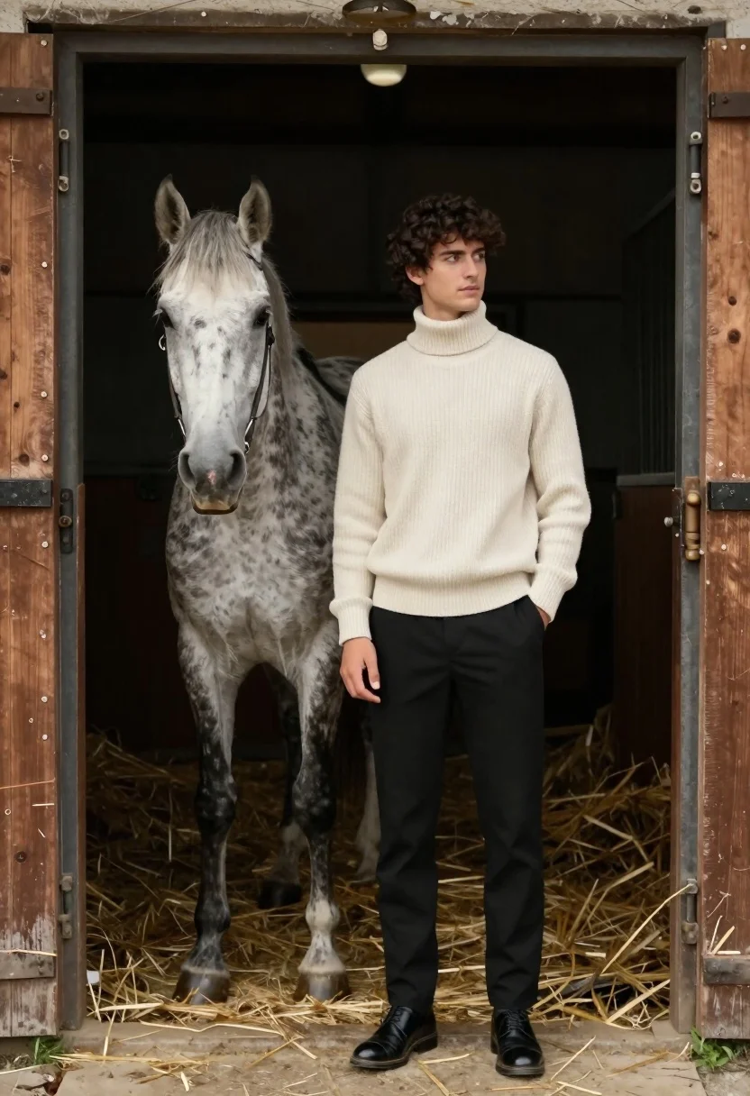 Young Man Stands The Doorway Rustic Wooden Stable Next Grey