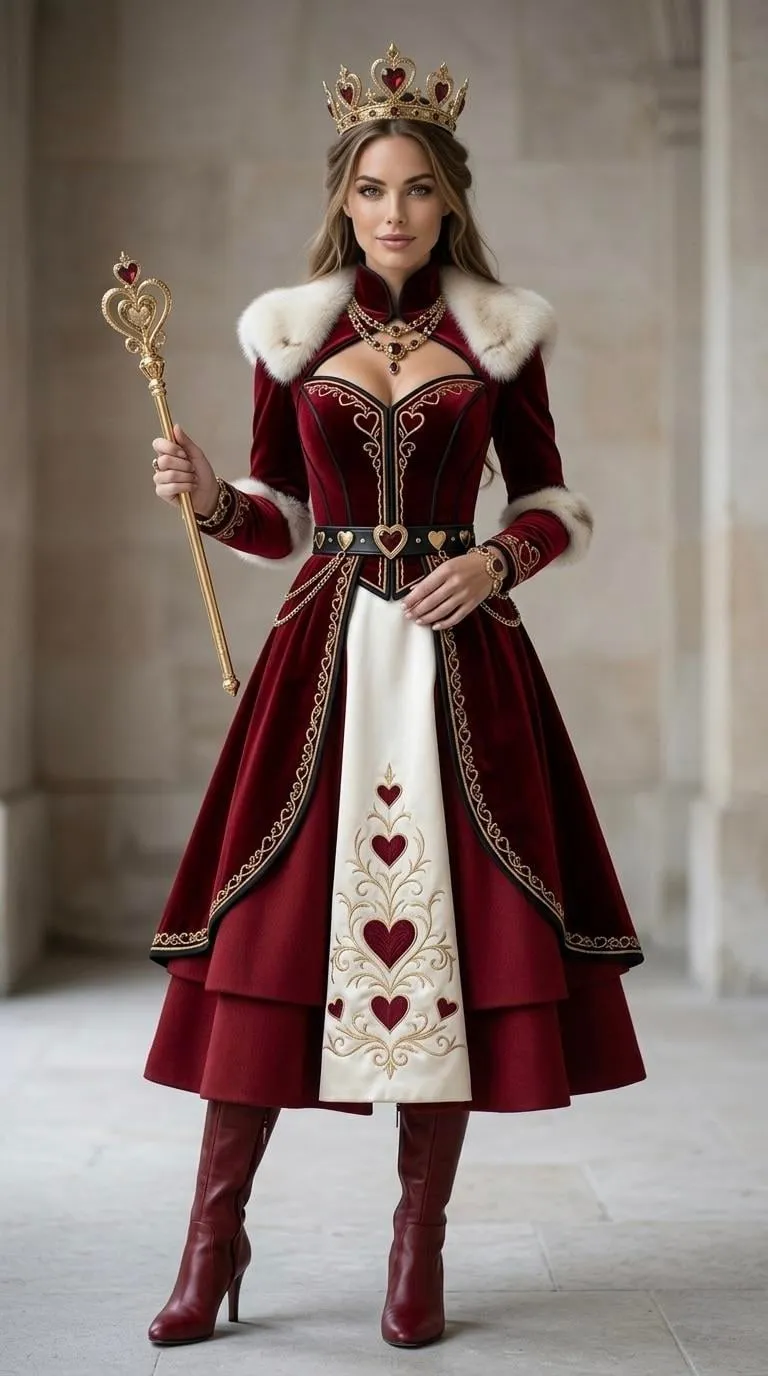 Crimson Fantasy Queen In Stone Hallway With Heart Scepter