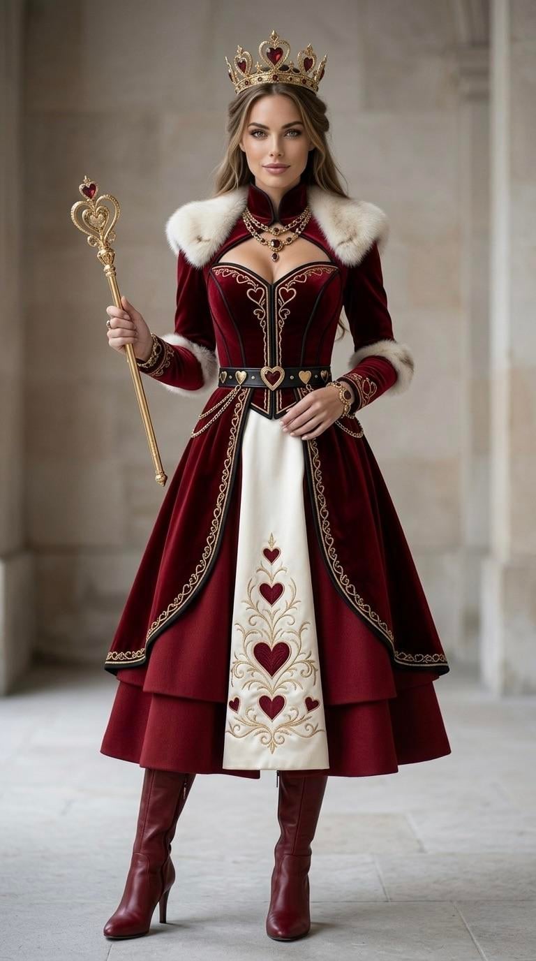 Crimson Fantasy Queen In Stone Hallway With Heart Scepter