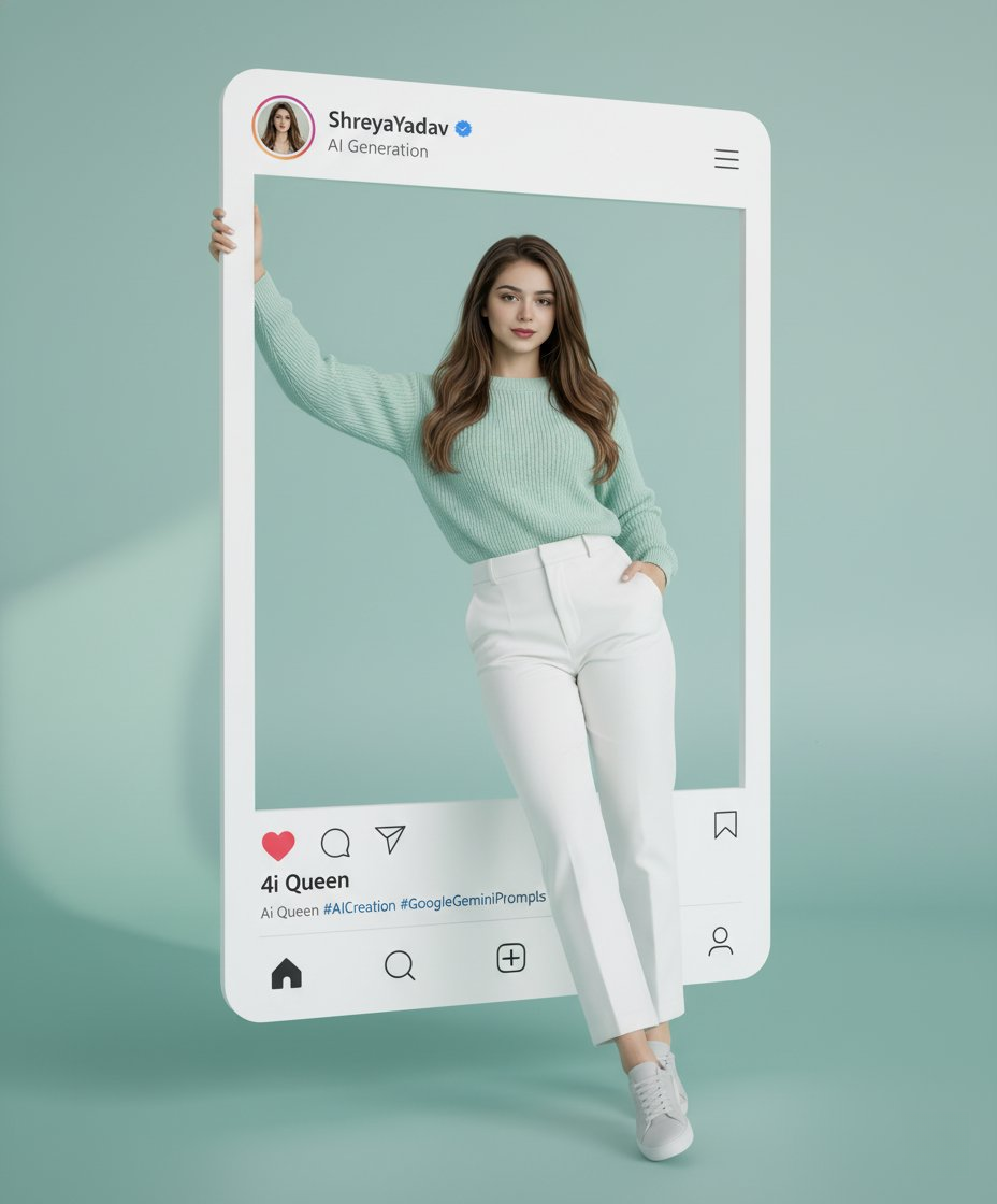 A hyper-realistic portrait of a beautiful woman in a mint knit sweater inside a giant Instagram frame.