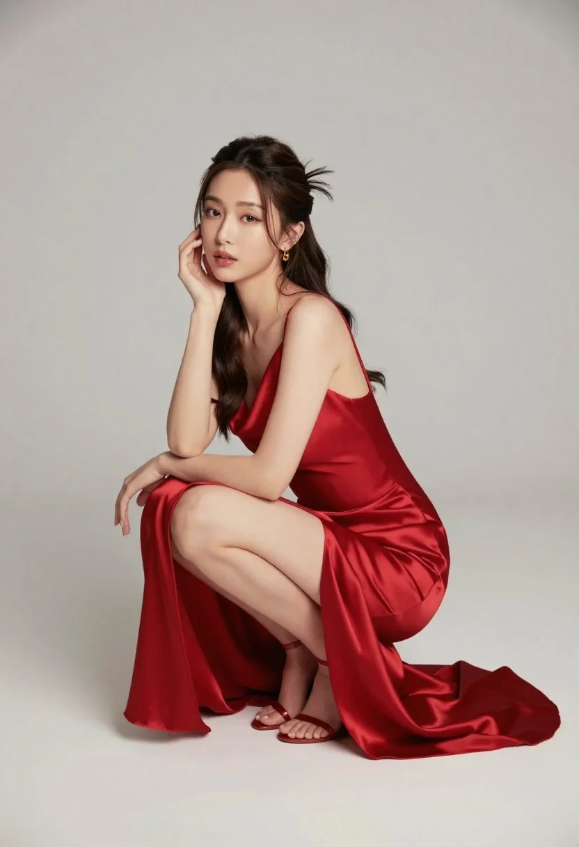 A woman in a red dress crouching gracefully against a soft plain backdrop, illuminated by diffused front-left lighting.
